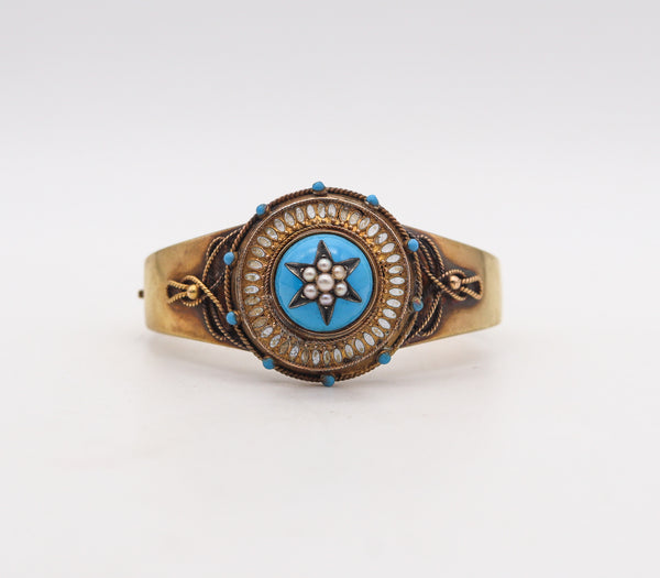 -Victorian 1870 Etruscan Revival Celestial Star Bangle Bracelet In 15Kt Gold With Pearls
