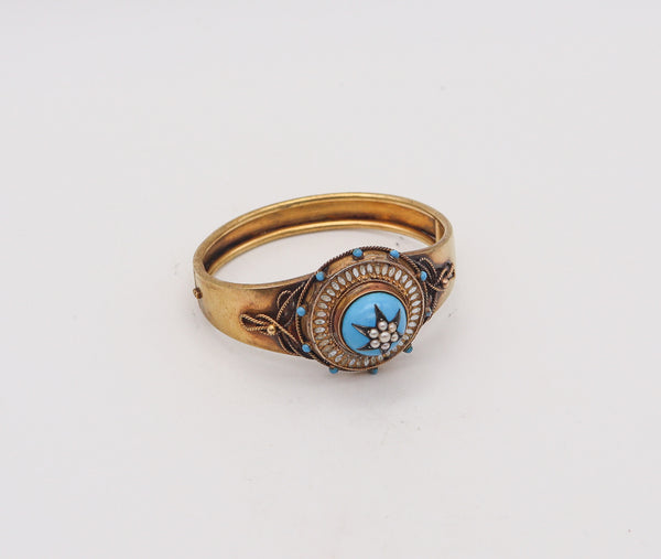 -Victorian 1870 Etruscan Revival Celestial Star Bangle Bracelet In 15Kt Gold With Pearls