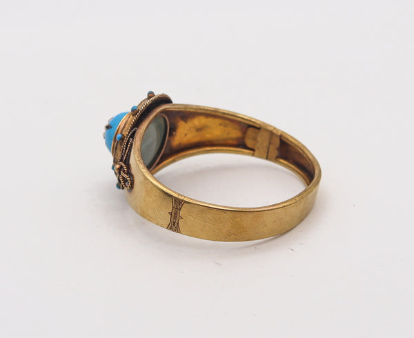 -Victorian 1870 Etruscan Revival Celestial Star Bangle Bracelet In 15Kt Gold With Pearls