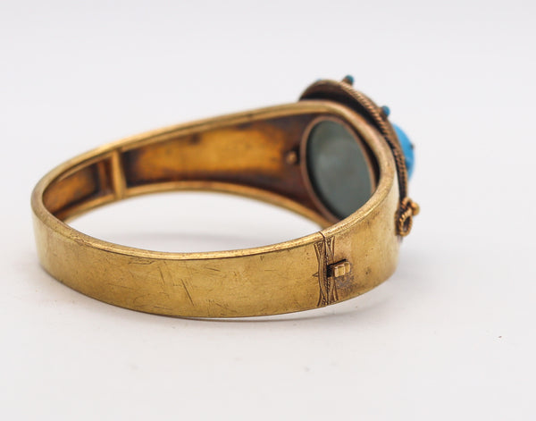 -Victorian 1870 Etruscan Revival Celestial Star Bangle Bracelet In 15Kt Gold With Pearls