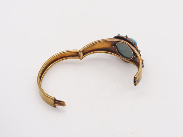 -Victorian 1870 Etruscan Revival Celestial Star Bangle Bracelet In 15Kt Gold With Pearls