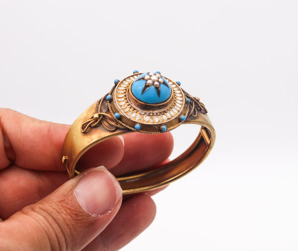 -Victorian 1870 Etruscan Revival Celestial Star Bangle Bracelet In 15Kt Gold With Pearls