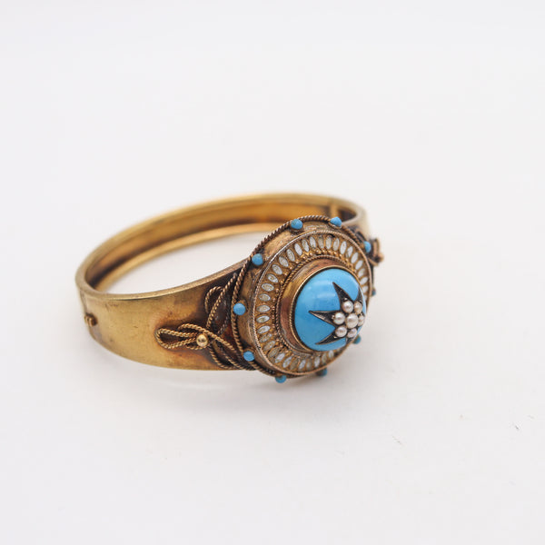 -Victorian 1870 Etruscan Revival Celestial Star Bangle Bracelet In 15Kt Gold With Pearls