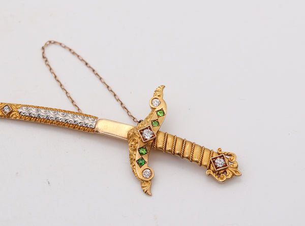 -Renaissance Revival 1880 Sword Jabot In 18Kt Gold With Demantoids And Diamonds