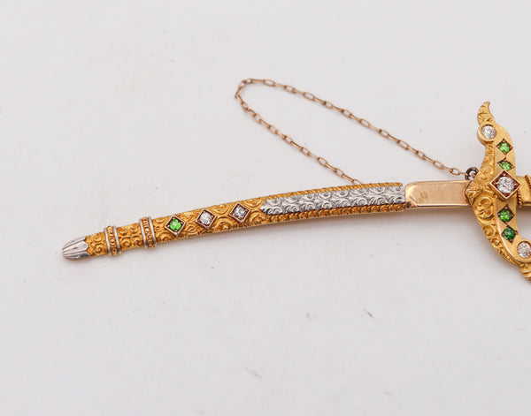 -Renaissance Revival 1880 Sword Jabot In 18Kt Gold With Demantoids And Diamonds