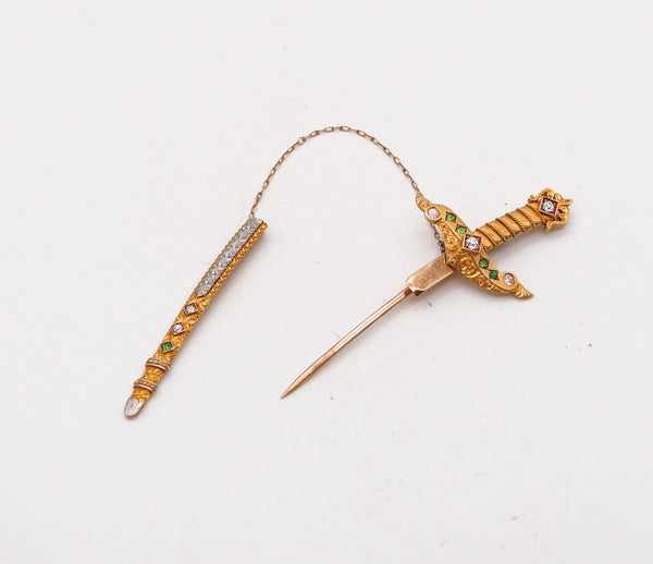 -Renaissance Revival 1880 Sword Jabot In 18Kt Gold With Demantoids And Diamonds