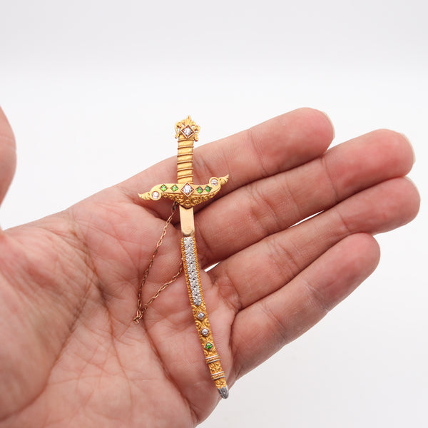 -Renaissance Revival 1880 Sword Jabot In 18Kt Gold With Demantoids And Diamonds