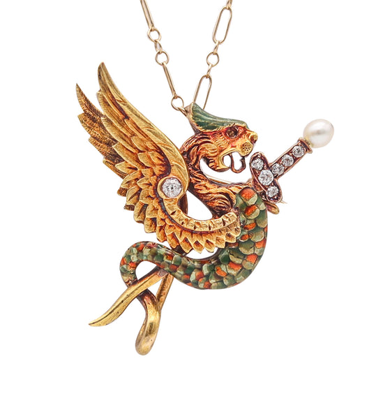 -England 1870 Neo Gothic Pendant With Griffin In 18Kt Yellow Gold With Diamonds