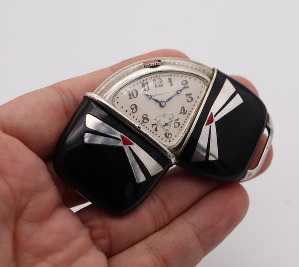 ZENITH 1930 Art Deco French Enameled Travel-Purse Watch In .900 Sterling Silver