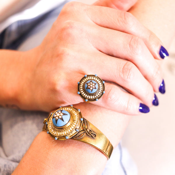 -Victorian 1870 Etruscan Revival Celestial Star Bangle Bracelet In 15Kt Gold With Pearls