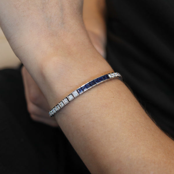 ART DECO 1930 Line Bracelet In Platinum With 9.24 Ctw In Diamonds And Sapphires