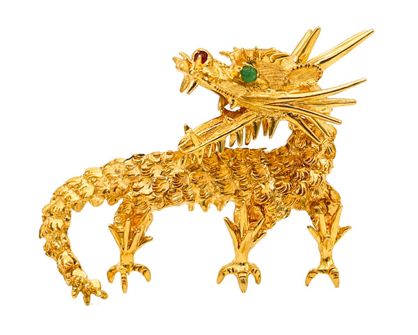 -CARTIER 1970 Sculpted Dragon Brooch In 18Kt Yellow Gold With Rubies And Emerald