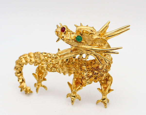 -CARTIER 1970 Sculpted Dragon Brooch In 18Kt Yellow Gold With Rubies And Emerald