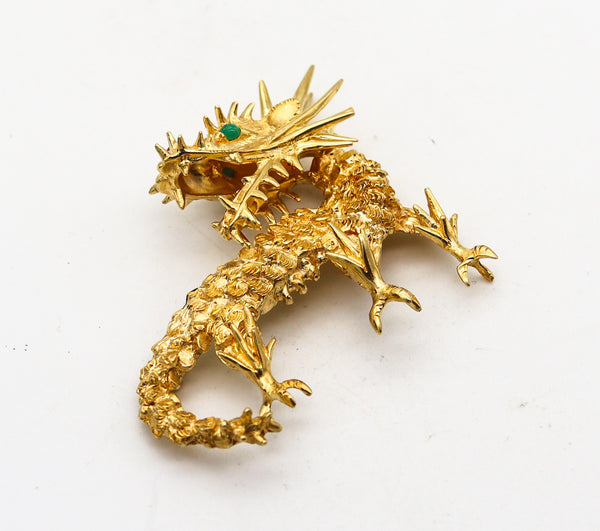 -CARTIER 1970 Sculpted Dragon Brooch In 18Kt Yellow Gold With Rubies And Emerald