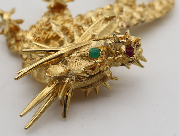 -CARTIER 1970 Sculpted Dragon Brooch In 18Kt Yellow Gold With Rubies And Emerald