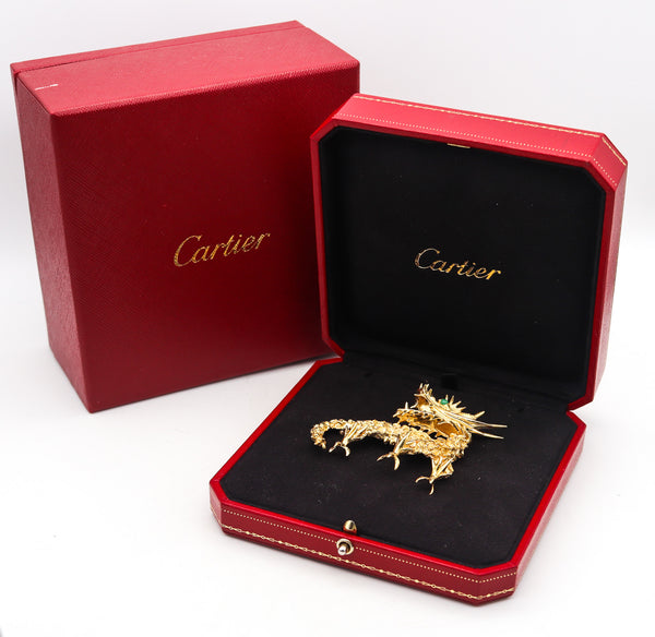 -CARTIER 1970 Sculpted Dragon Brooch In 18Kt Yellow Gold With Rubies And Emerald