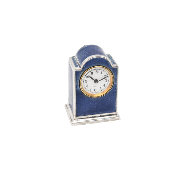 -VACHET Paris 1910 Edwardian Miniature Enameled Guilloché Clock In .800 Silver