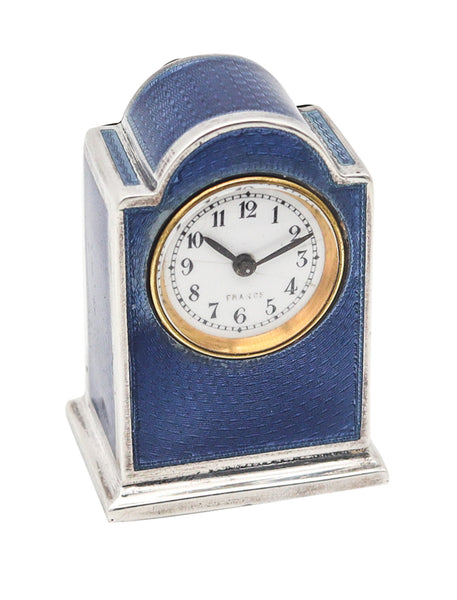 -VACHET Paris 1910 Edwardian Miniature Enameled Guilloché Clock In .800 Silver