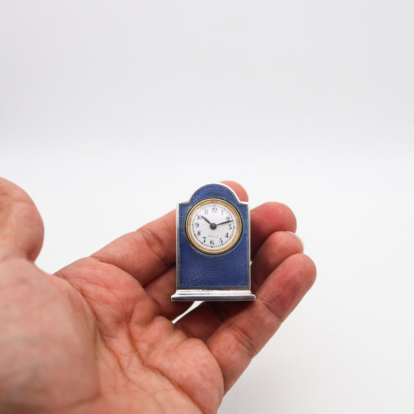 -VACHET Paris 1910 Edwardian Miniature Enameled Guilloché Clock In .800 Silver