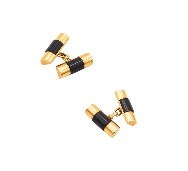 -Rolex Swiss President Curved Links Cufflinks In 18Kt Yellow Gold With 4 Black Onyxes