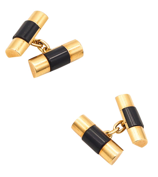 -Rolex Swiss President Curved Links Cufflinks In 18Kt Yellow Gold With 4 Black Onyxes