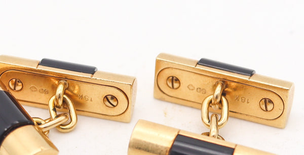 -Rolex Swiss President Curved Links Cufflinks In 18Kt Yellow Gold With 4 Black Onyxes