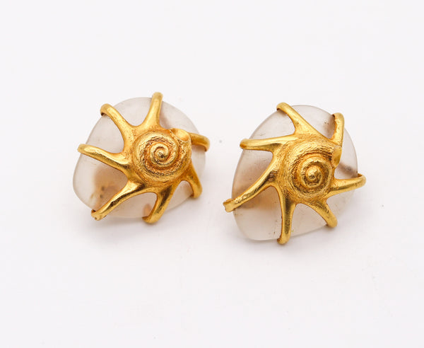 LALAOUNIS 1970 Carved Rock Quartz Nature Clips-On Earrings In 18Kt Yellow Gold