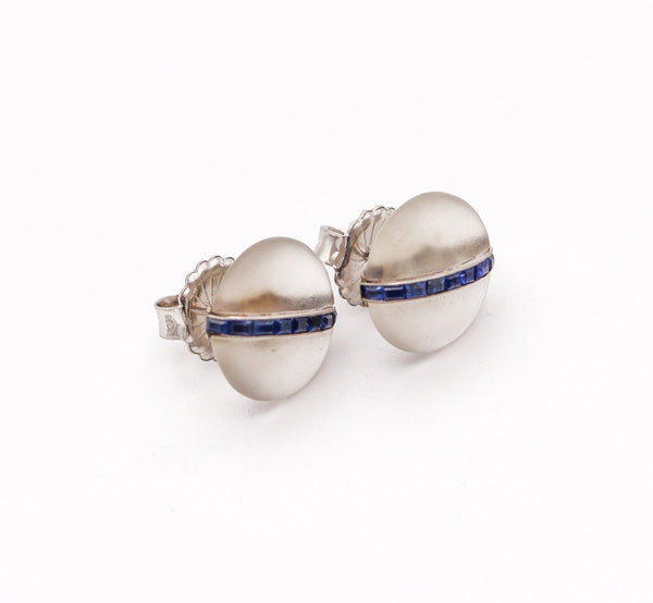 FRENCH 1925 Art Deco Rock Quartz Studs Earrings In 18Kt Gold With Sapphires