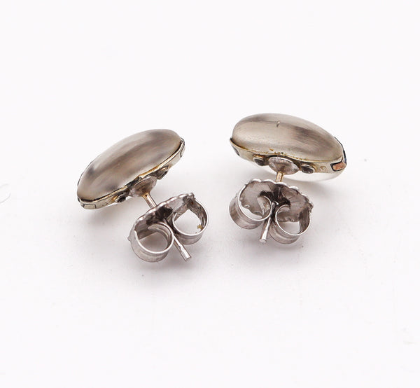 FRENCH 1925 Art Deco Rock Quartz Studs Earrings In 18Kt Gold With Sapphires