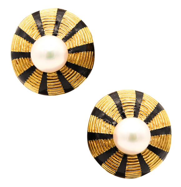 TIFFANY & CO. Schlumberger Enameled Clips Earrings In 18Kt Gold With Pearls