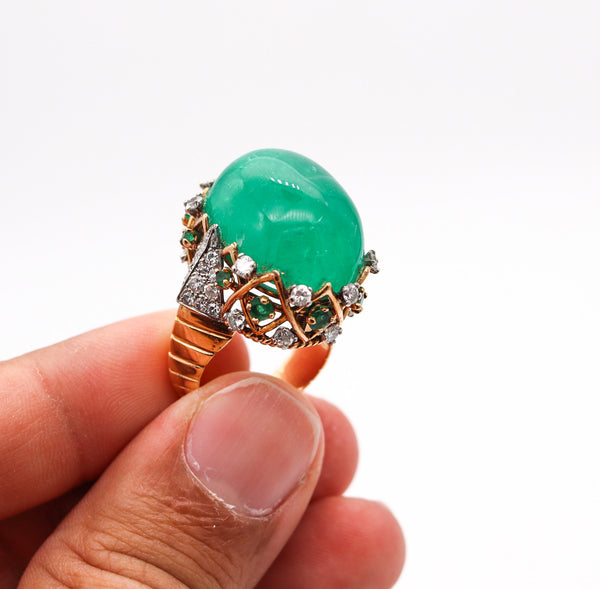 PIERRE STERLE 1955 Cocktail Ring 18Kt Gold-Platinum 43.49 Ctw Emerald & Diamonds