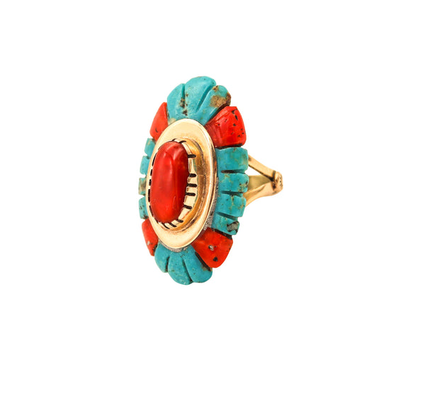 ZUNI ARTIST Cocktail Ring In 14Kt Yellow Gold With Carved Corals & Turquoises