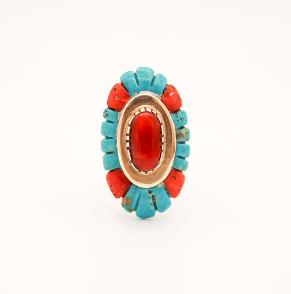 ZUNI ARTIST Cocktail Ring In 14Kt Yellow Gold With Carved Corals & Turquoises