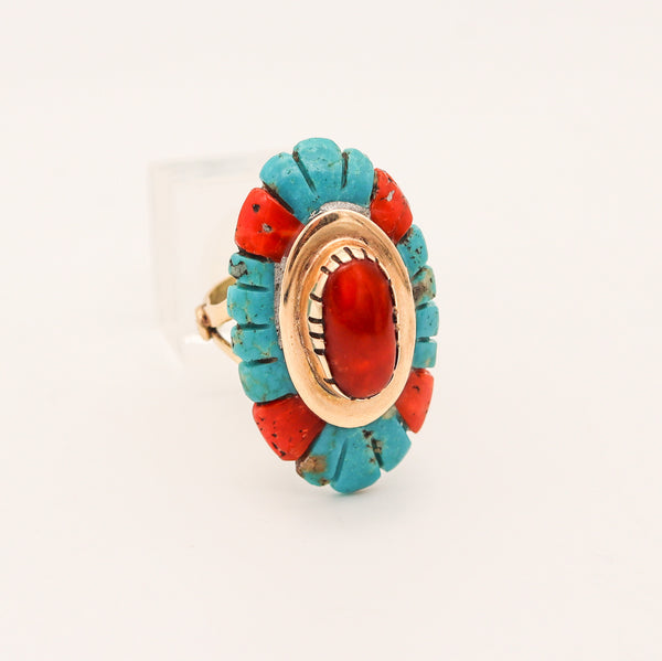ZUNI ARTIST Cocktail Ring In 14Kt Yellow Gold With Carved Corals & Turquoises