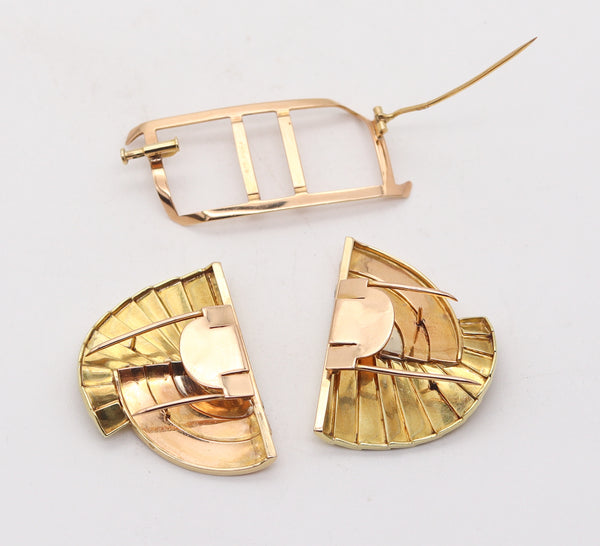 RENE BOIVIN Paris 1935 Belperron Art Deco Convertible Clips-Brooch In 18Kt Gold