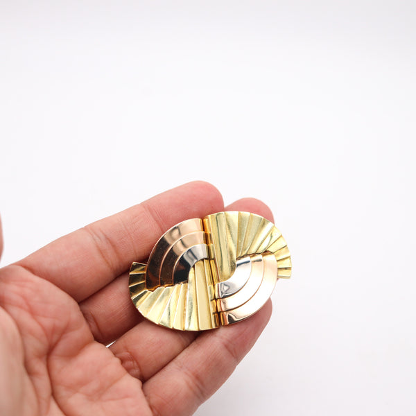 RENE BOIVIN Paris 1935 Belperron Art Deco Convertible Clips-Brooch In 18Kt Gold