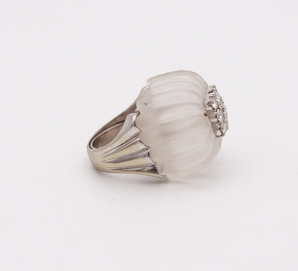 MID CENTURY 1960 Rock Crystal Cocktail Ring In 18Kt Gold With 1.45 Cts Diamonds