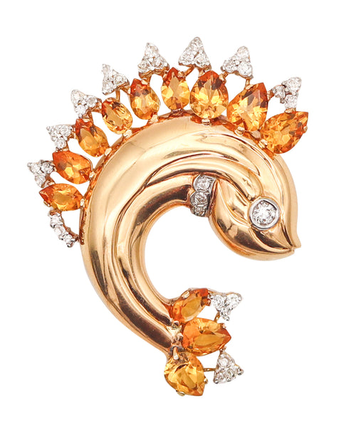 -Austria 1930 Art Deco Fish Brooch In 18Kt Gold With 33.28 Ctw Diamonds & Citrines