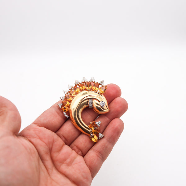 -Austria 1930 Art Deco Fish Brooch In 18Kt Gold With 33.28 Ctw Diamonds & Citrines