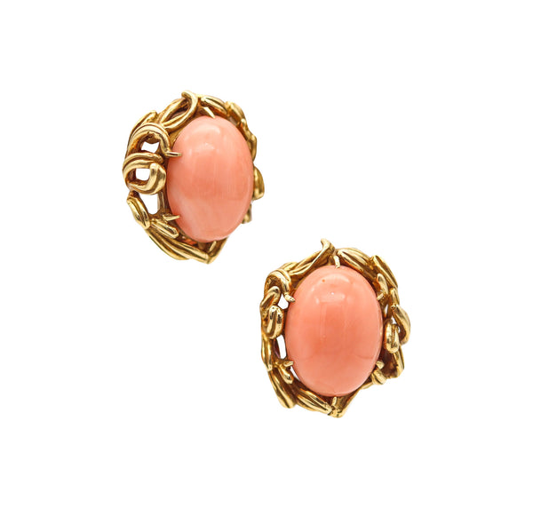-Italian 1960 Mid Century Clips Earrings In 18Kt Yellow Gold With Salmon Coral