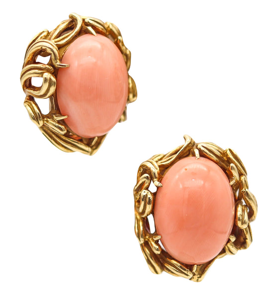 -Italian 1960 Mid Century Clips Earrings In 18Kt Yellow Gold With Salmon Coral