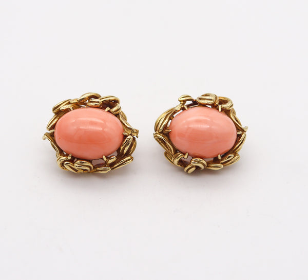 -Italian 1960 Mid Century Clips Earrings In 18Kt Yellow Gold With Salmon Coral