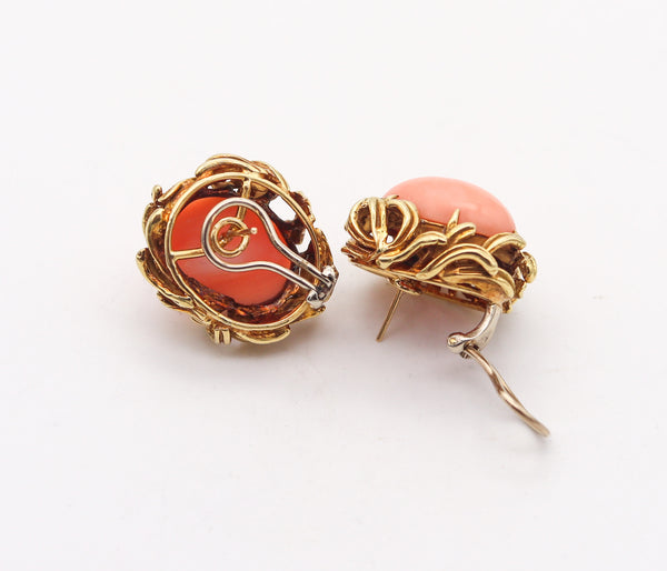 -Italian 1960 Mid Century Clips Earrings In 18Kt Yellow Gold With Salmon Coral