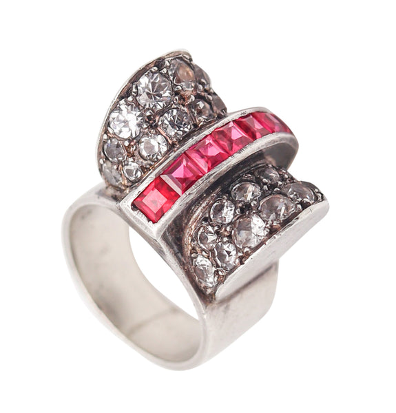-French Art Deco 1930 Cocktail Ring In Sterling Silver With Synthetic Rubies