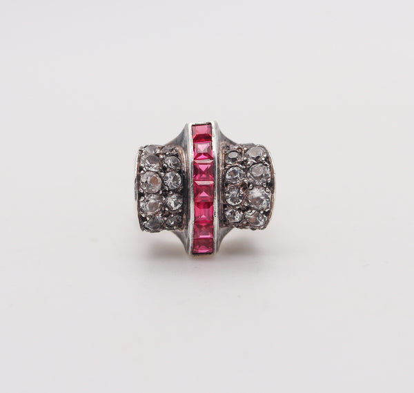 -French Art Deco 1930 Cocktail Ring In Sterling Silver With Synthetic Rubies