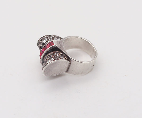-French Art Deco 1930 Cocktail Ring In Sterling Silver With Synthetic Rubies