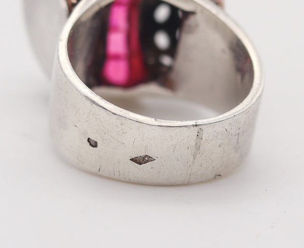 -French Art Deco 1930 Cocktail Ring In Sterling Silver With Synthetic Rubies