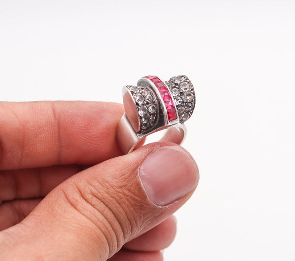-French Art Deco 1930 Cocktail Ring In Sterling Silver With Synthetic Rubies