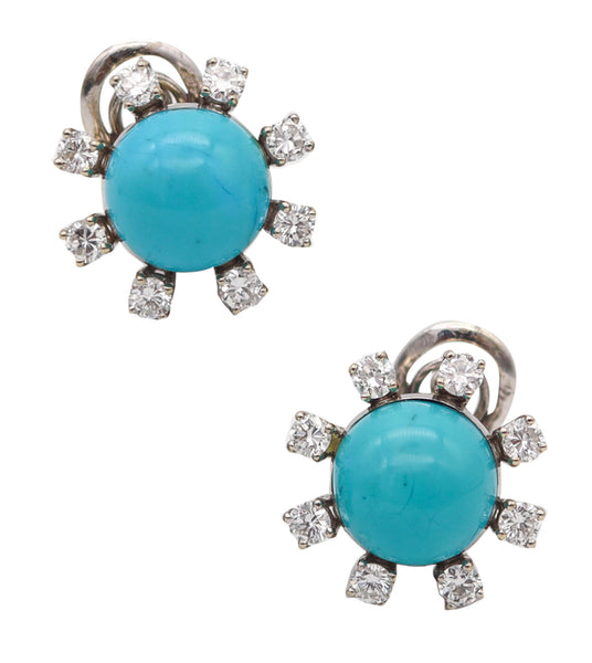 -French 1960 Modernist Earrings In 18Kt Gold With 12.98 Ctw In Diamonds & Turquoises