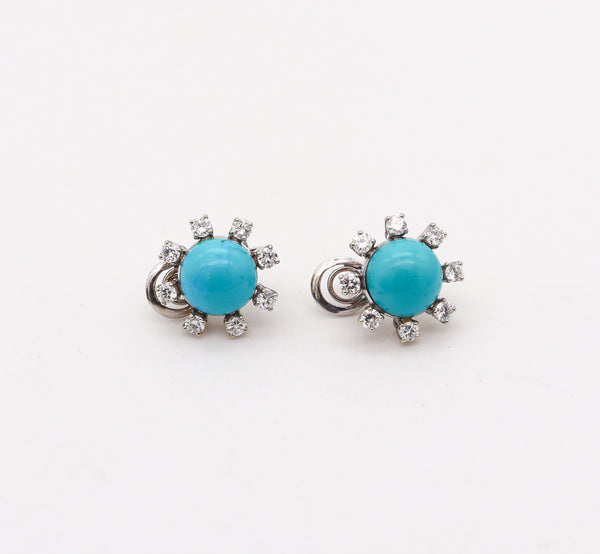 -French 1960 Modernist Earrings In 18Kt Gold With 12.98 Ctw In Diamonds & Turquoises